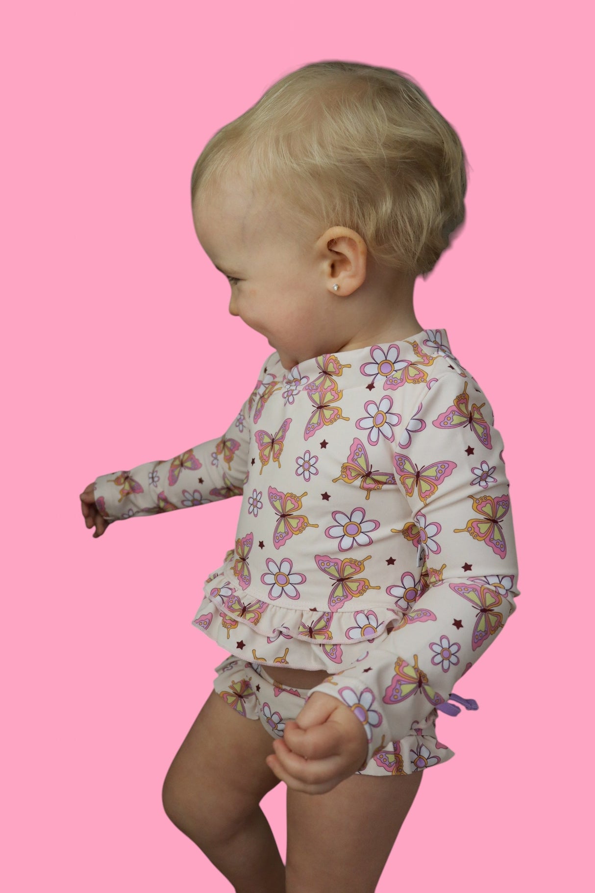 BLOSSOMIN’ BUTTERFLY DREAM 2-PIECE RASH GUARD RUFFLE SWIM SUIT from DREAM BIG LITTLE CO