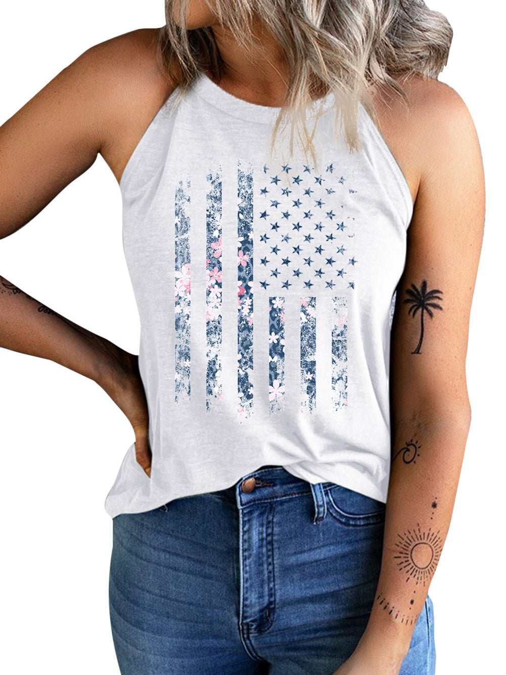 American Flag Floral Print Halter Tank Top From MsDressly