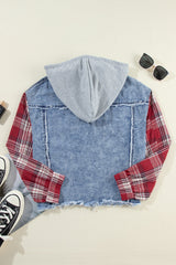 Beau Blue Plaid Print Patchwork Hooded Raw Hem Denim Jacket from MsDressly
