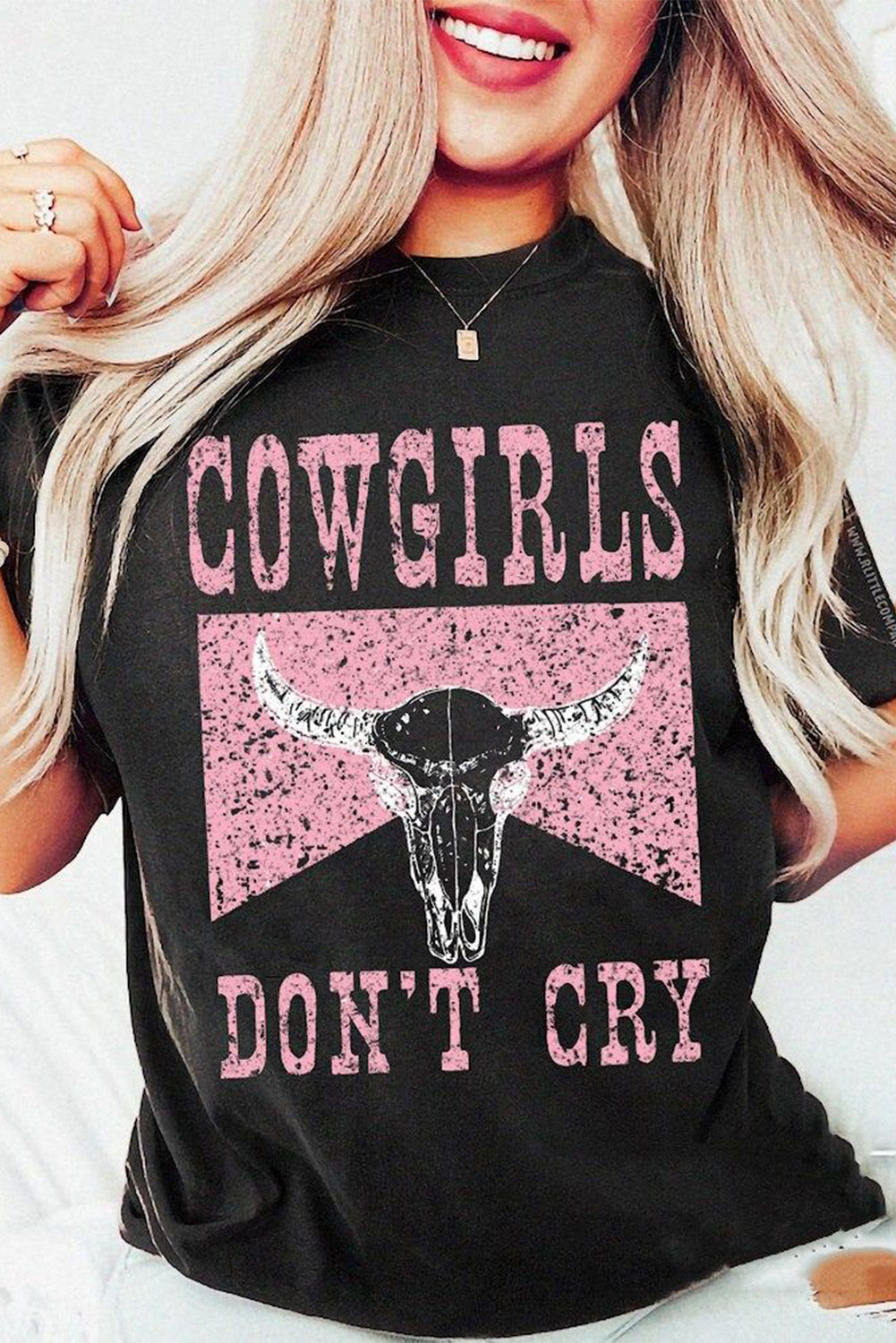 Black COWGIRL DONT CRY Steer Head Print Short Sleeve Top from MsDressly