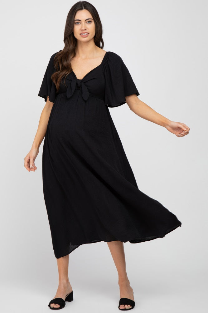 Black Front Tie Ruffle Sleeve Maternity Midi Dress from PinkBlush