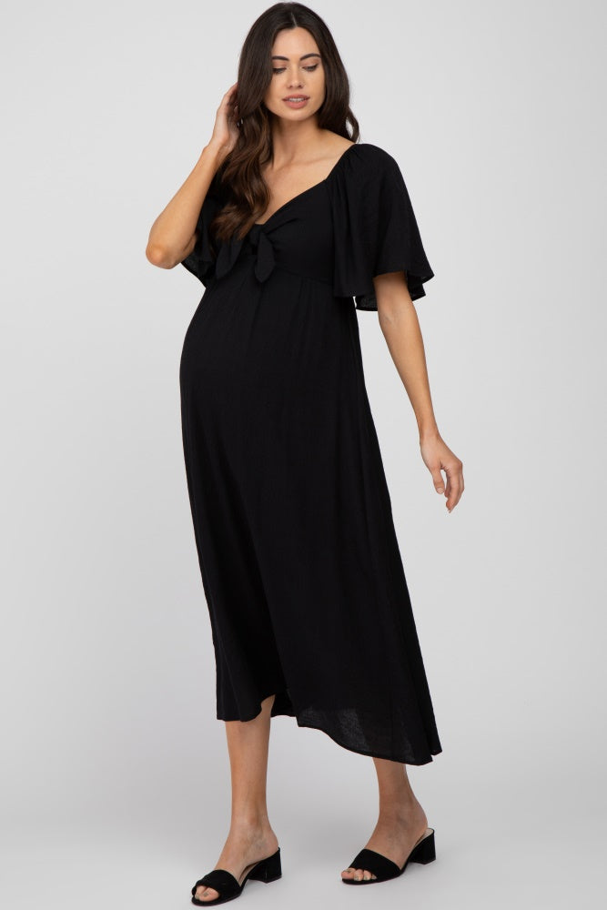 Black Front Tie Ruffle Sleeve Maternity Midi Dress from PinkBlush