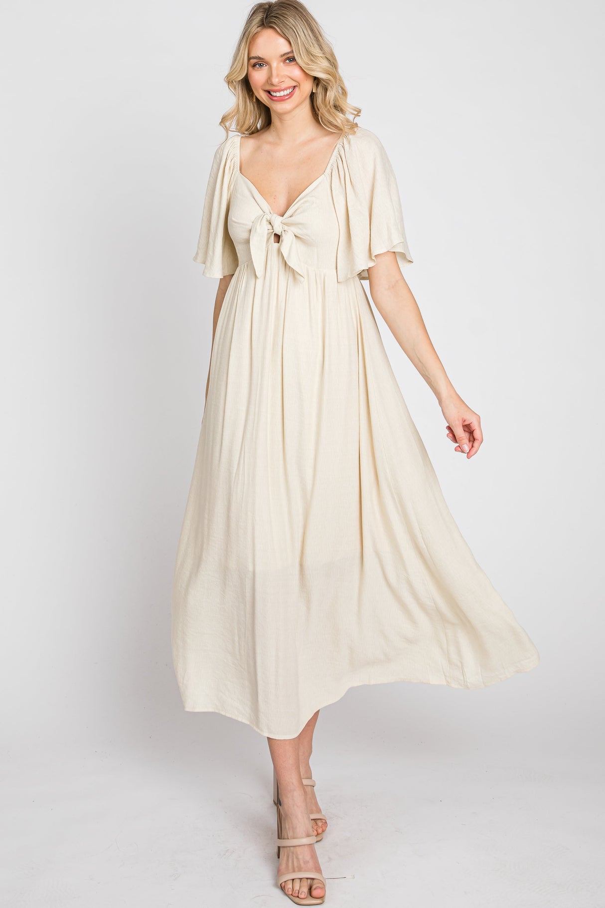 Beige Front Tie Ruffle Sleeve Maternity Midi Dress from PinkBlush