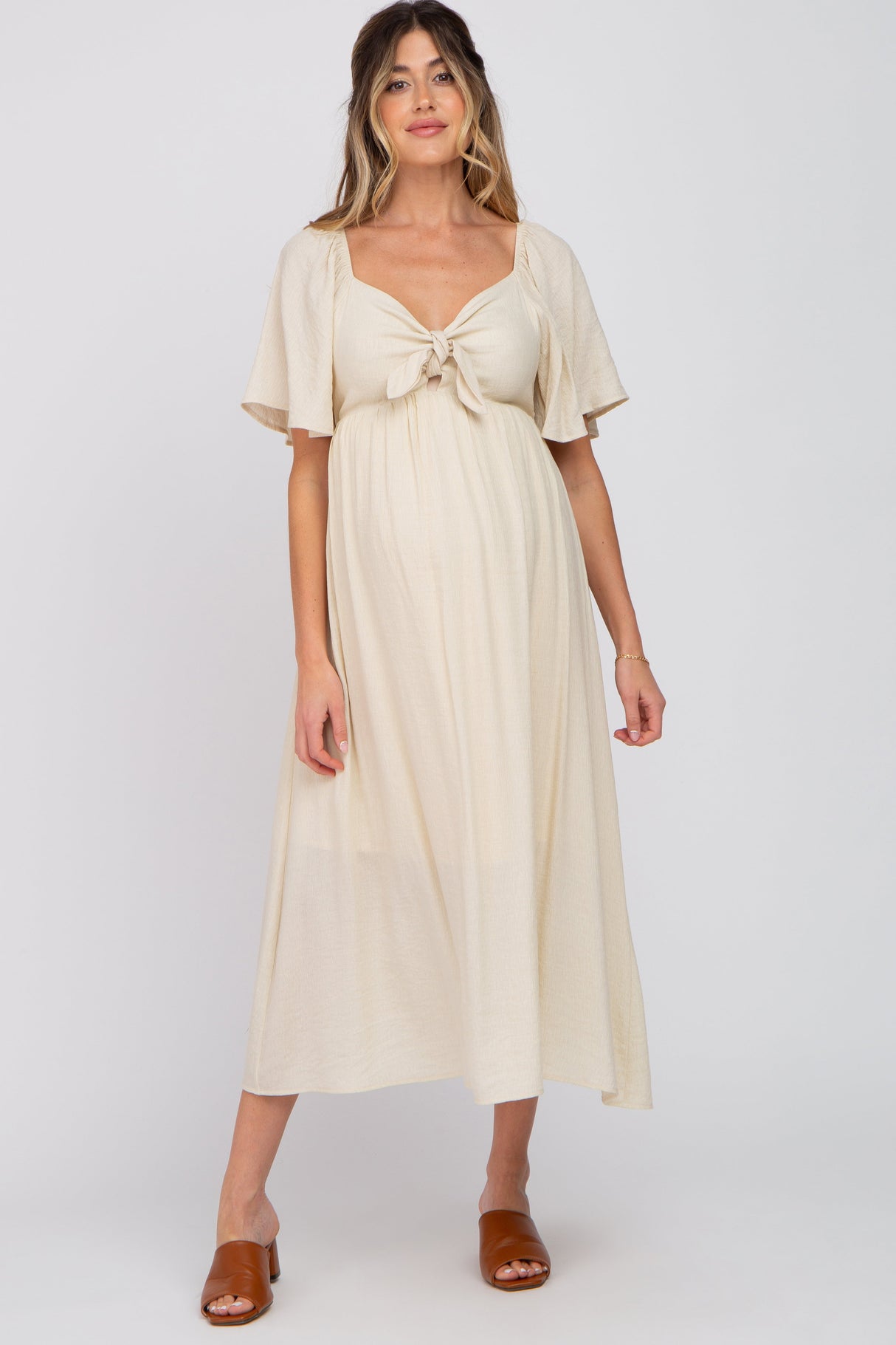 Beige Front Tie Ruffle Sleeve Maternity Midi Dress from PinkBlush