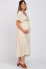 Beige Front Tie Ruffle Sleeve Maternity Midi Dress from PinkBlush