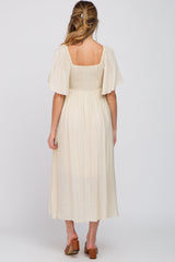 Beige Front Tie Ruffle Sleeve Maternity Midi Dress from PinkBlush