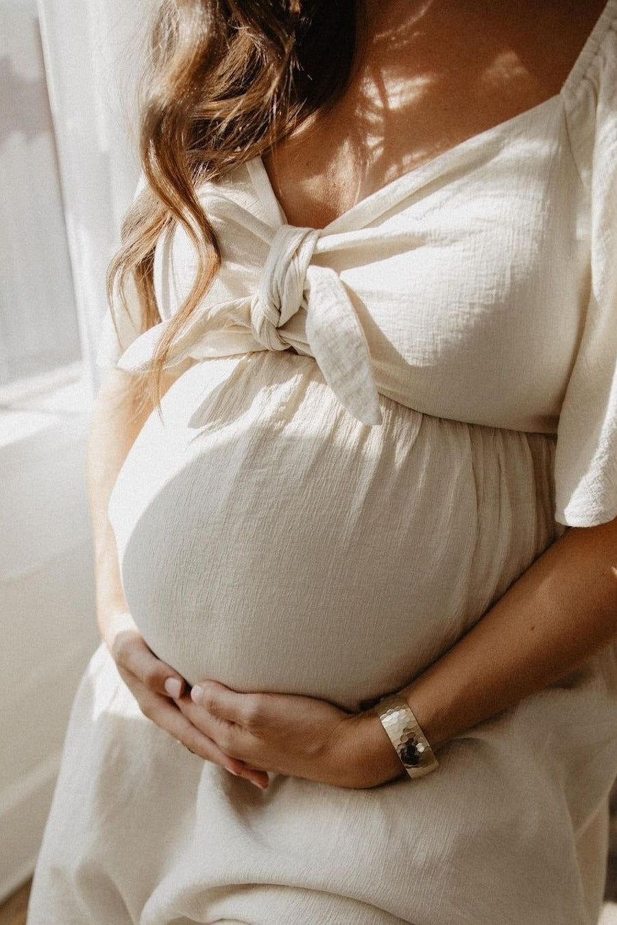 Beige Front Tie Ruffle Sleeve Maternity Midi Dress from PinkBlush