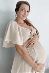 Beige Front Tie Ruffle Sleeve Maternity Midi Dress from PinkBlush
