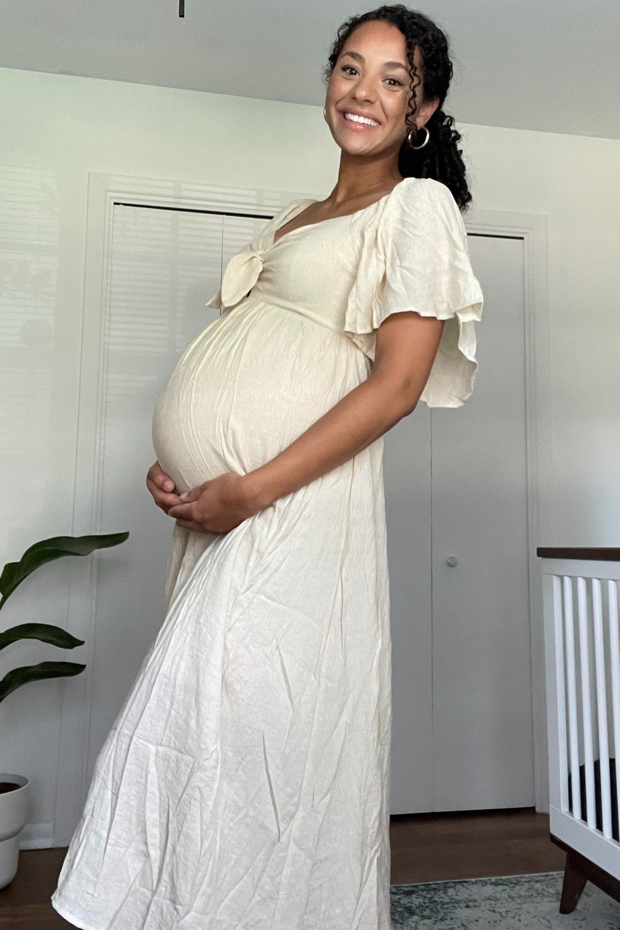 Beige Front Tie Ruffle Sleeve Maternity Midi Dress from PinkBlush