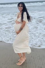 Beige Front Tie Ruffle Sleeve Maternity Midi Dress from PinkBlush