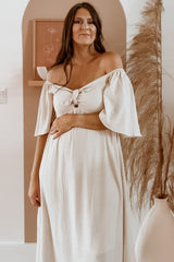 Beige Front Tie Ruffle Sleeve Maternity Midi Dress from PinkBlush
