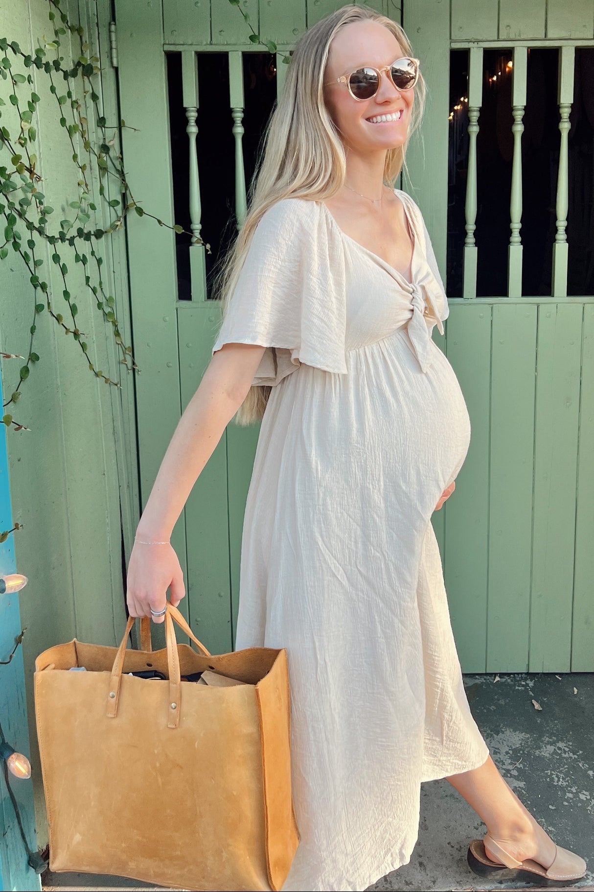 Beige Front Tie Ruffle Sleeve Maternity Midi Dress from PinkBlush