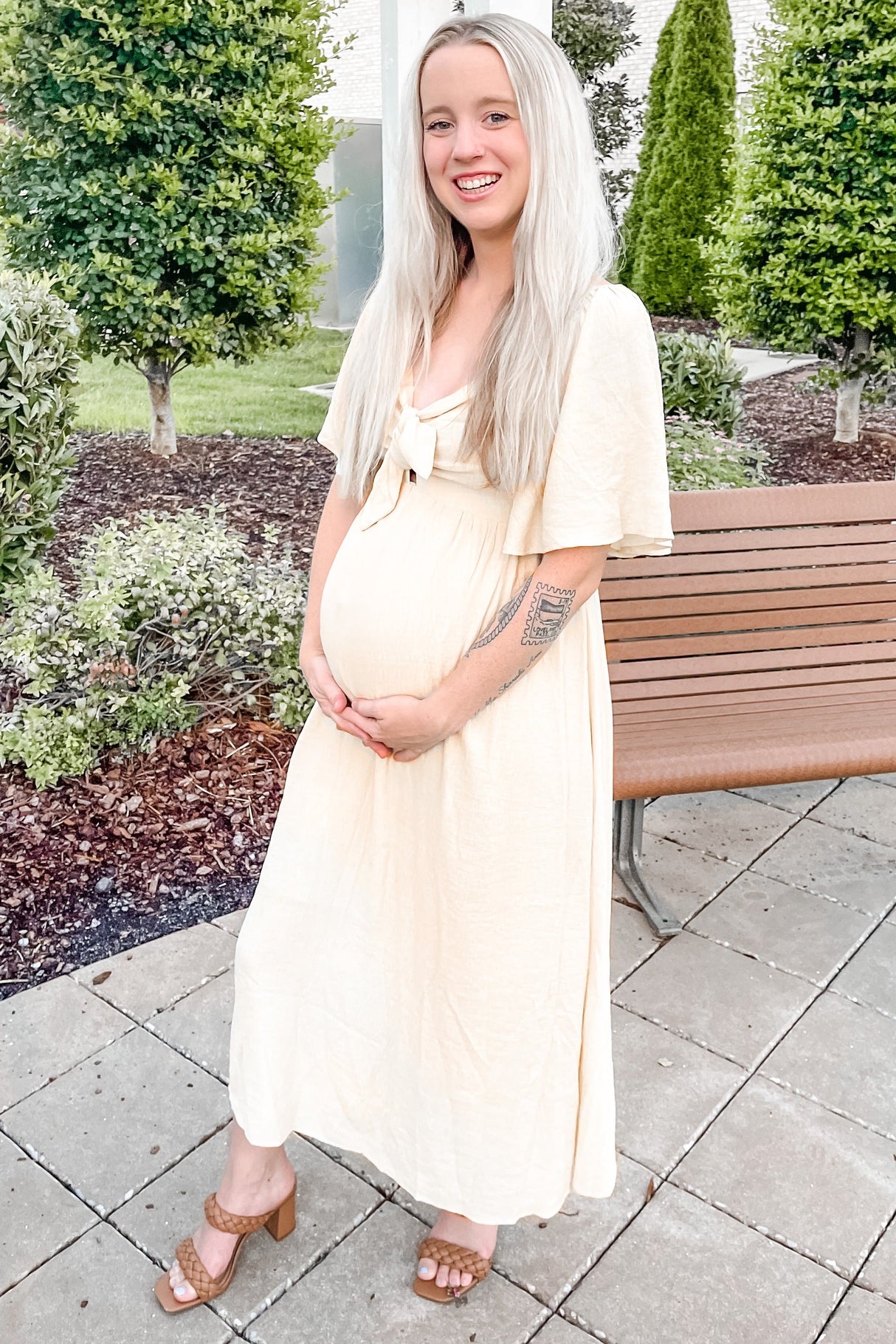 Beige Front Tie Ruffle Sleeve Maternity Midi Dress from PinkBlush