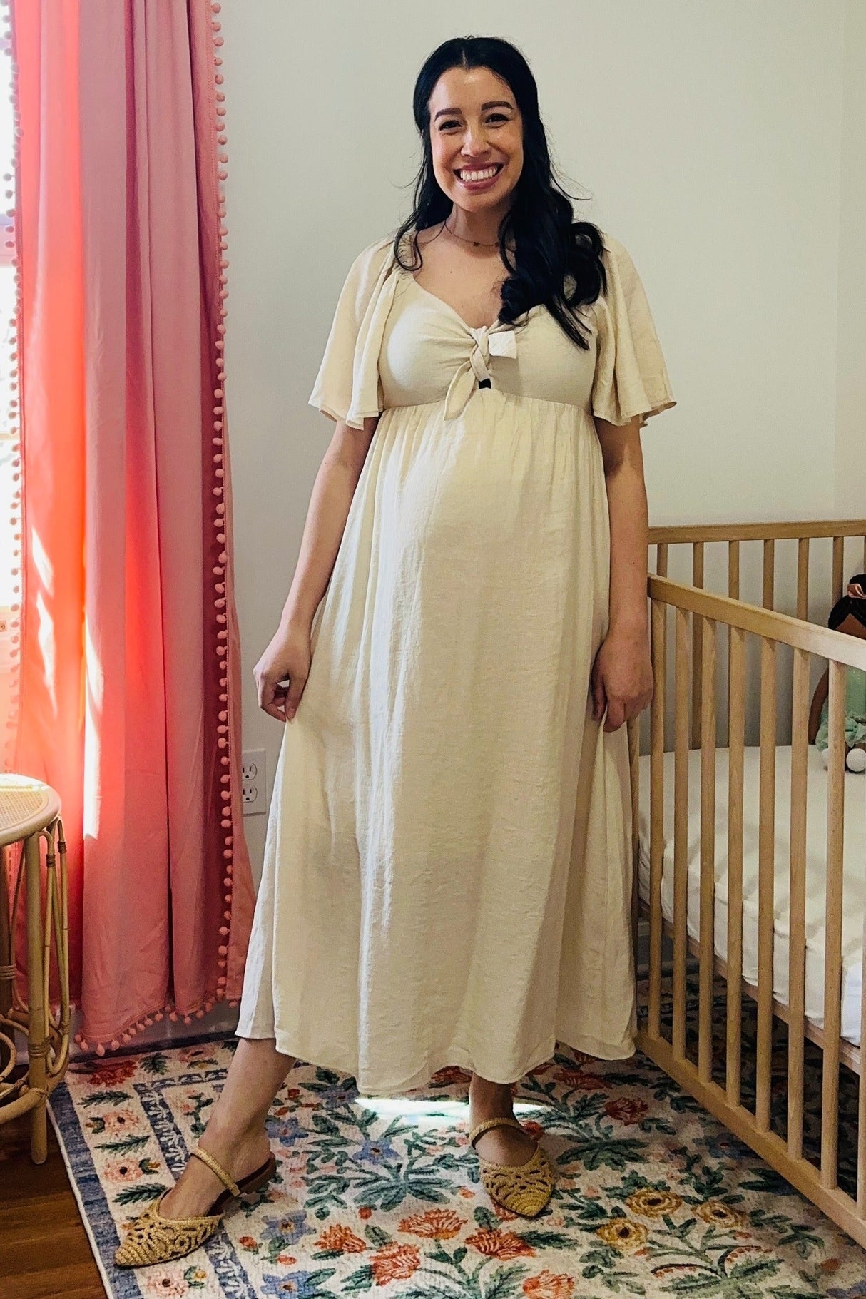 Beige Front Tie Ruffle Sleeve Maternity Midi Dress from PinkBlush