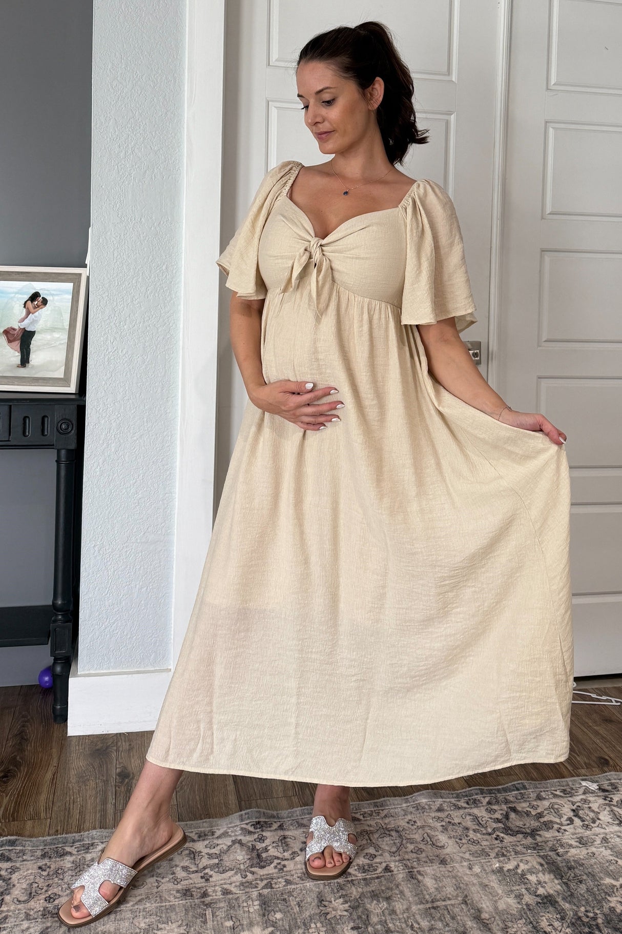 Beige Front Tie Ruffle Sleeve Maternity Midi Dress from PinkBlush