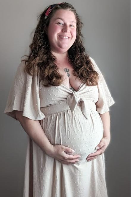 Beige Textured Dot Front Tie Ruffle Sleeve Maternity Midi Dress from PinkBlush