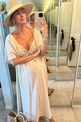 Beige Textured Dot Front Tie Ruffle Sleeve Maternity Midi Dress from PinkBlush