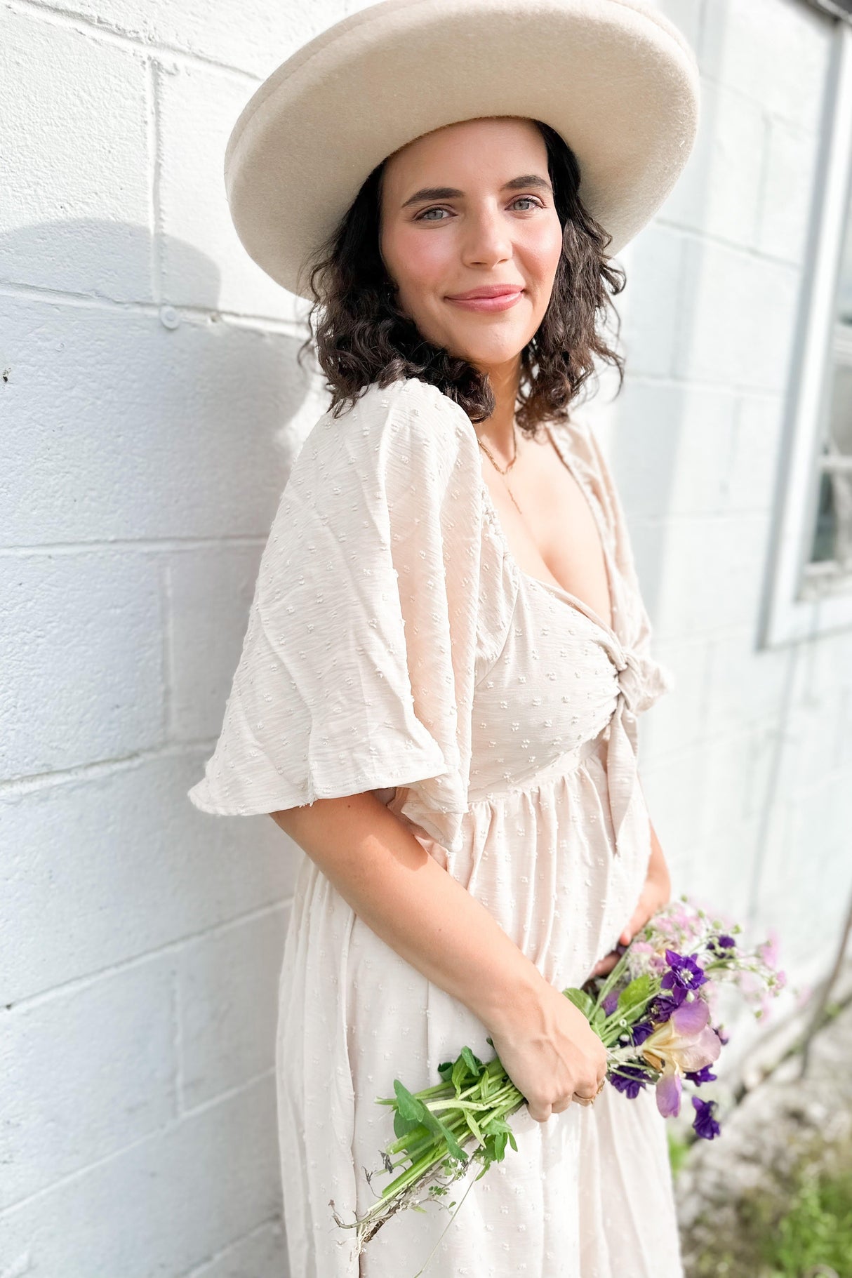 Beige Textured Dot Front Tie Ruffle Sleeve Maternity Midi Dress from PinkBlush