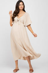 Beige Textured Dot Front Tie Ruffle Sleeve Maternity Midi Dress from PinkBlush