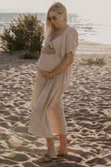 Beige Textured Dot Front Tie Ruffle Sleeve Maternity Midi Dress from PinkBlush