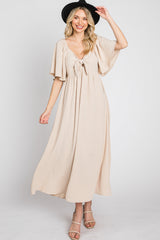Beige Textured Dot Front Tie Ruffle Sleeve Maternity Midi Dress from PinkBlush