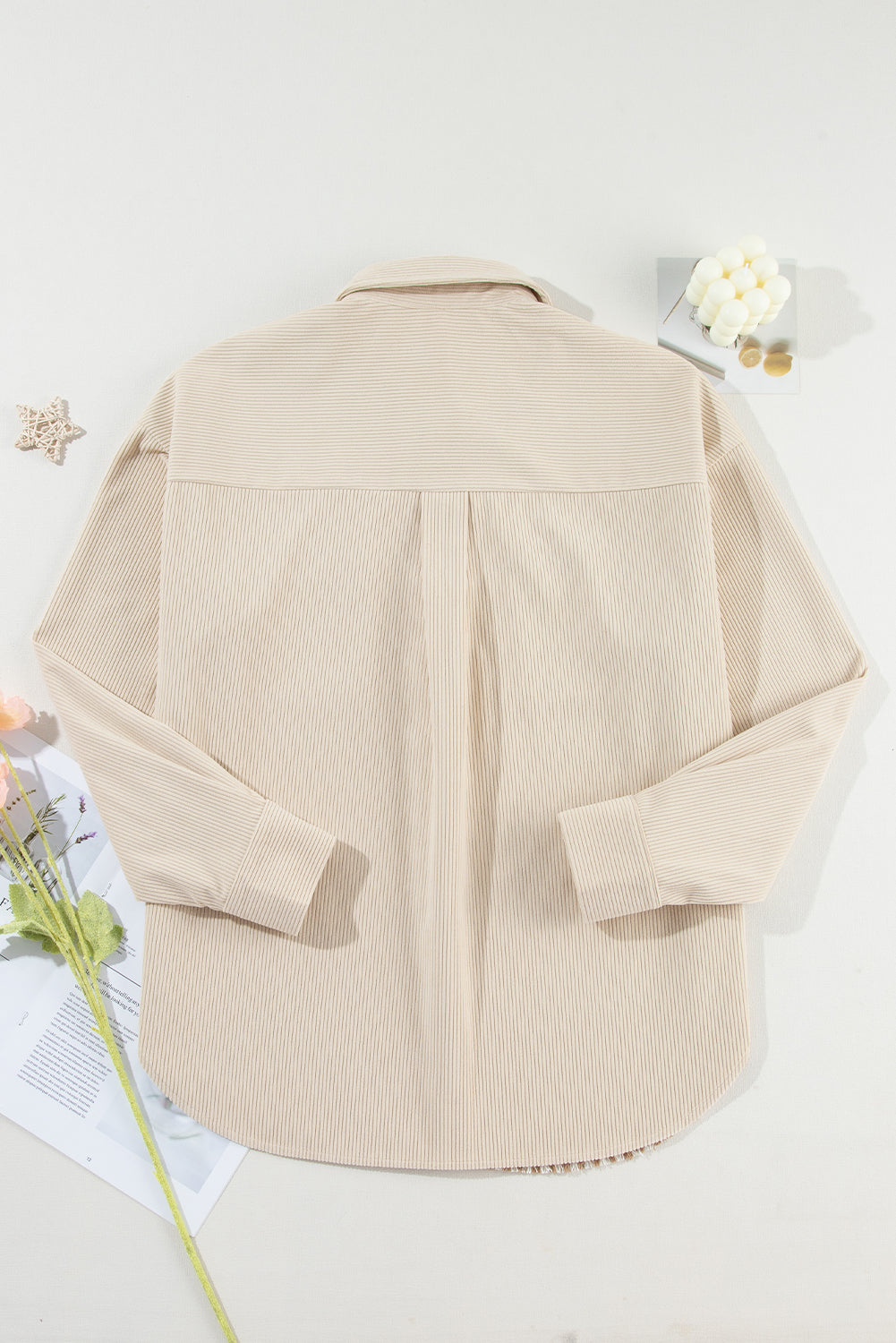 Beige Corduroy Shirt Jacket with Houndstooth Panel from MsDressly