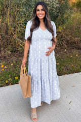 Blue Paisley Print Smocked Tiered Maternity Maxi Dress from PinkBlush