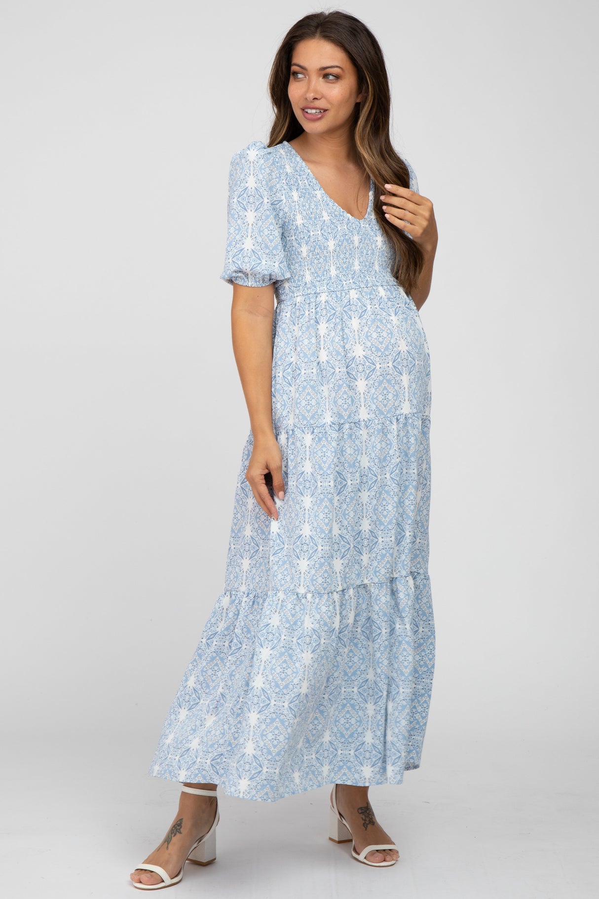 Blue Paisley Print Smocked Tiered Maternity Maxi Dress from PinkBlush
