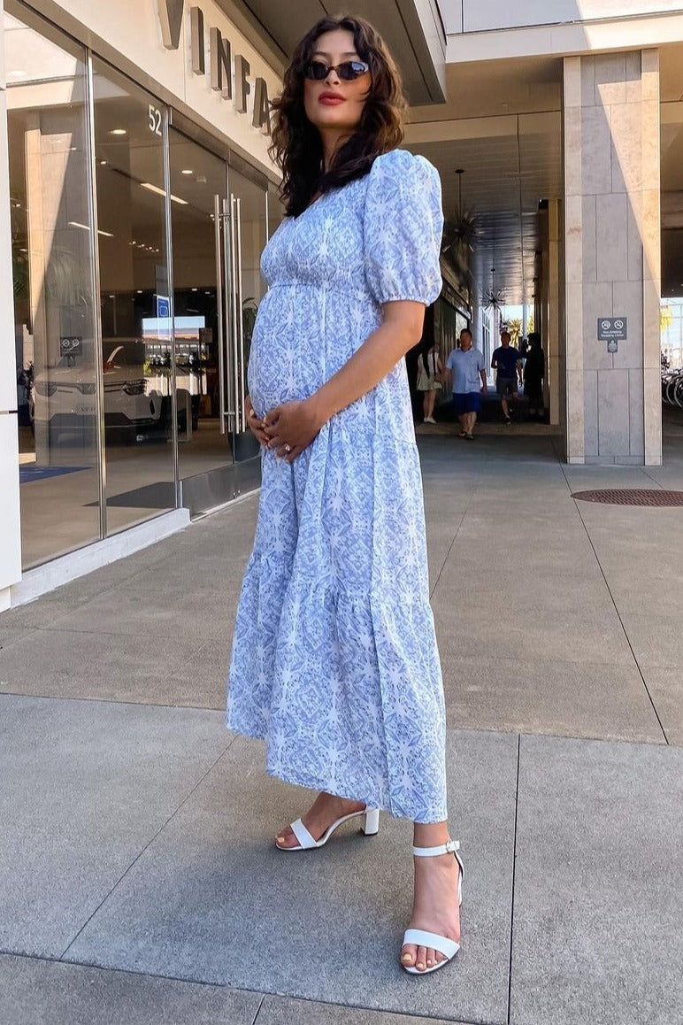 Blue Paisley Print Smocked Tiered Maternity Maxi Dress from PinkBlush