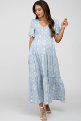 Blue Paisley Print Smocked Tiered Maternity Maxi Dress from PinkBlush