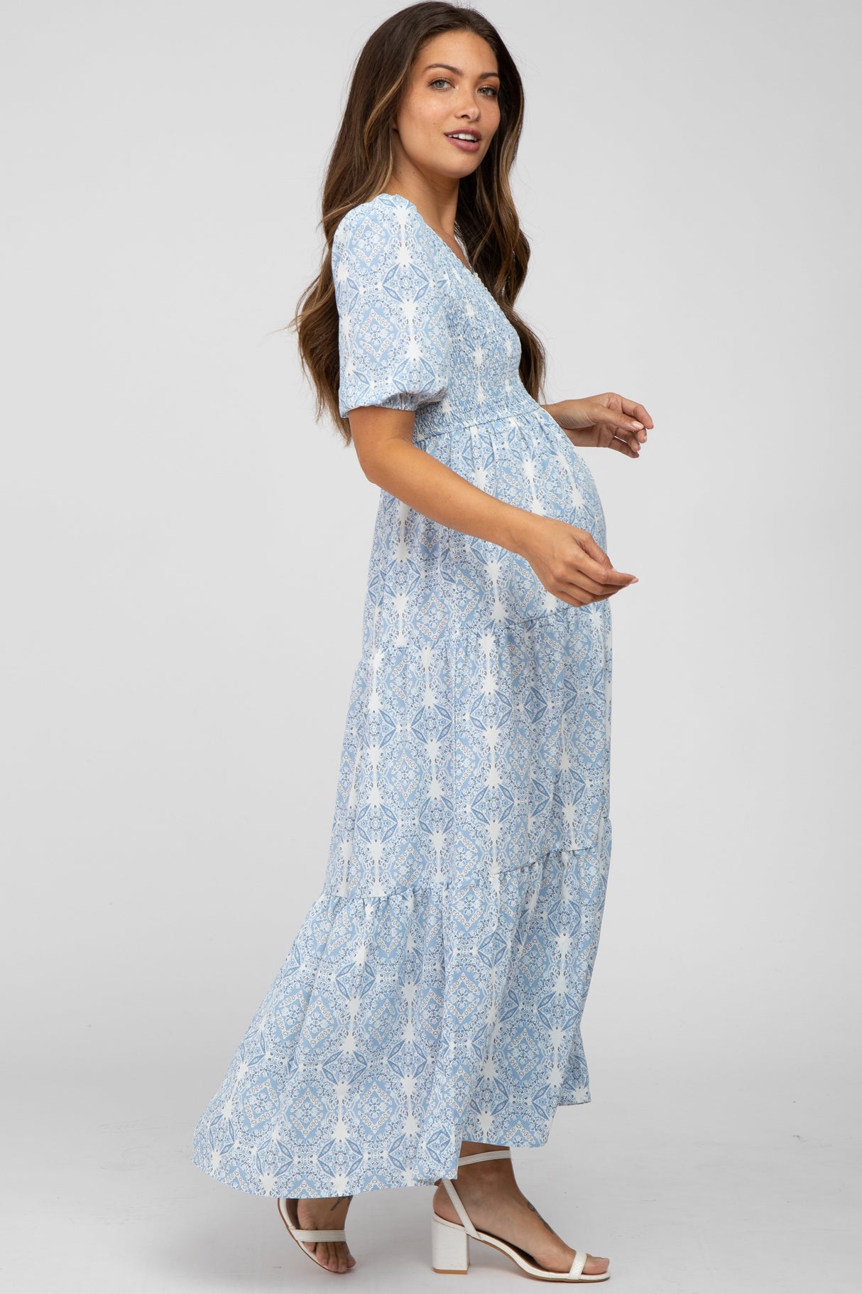 Blue Paisley Print Smocked Tiered Maternity Maxi Dress from PinkBlush