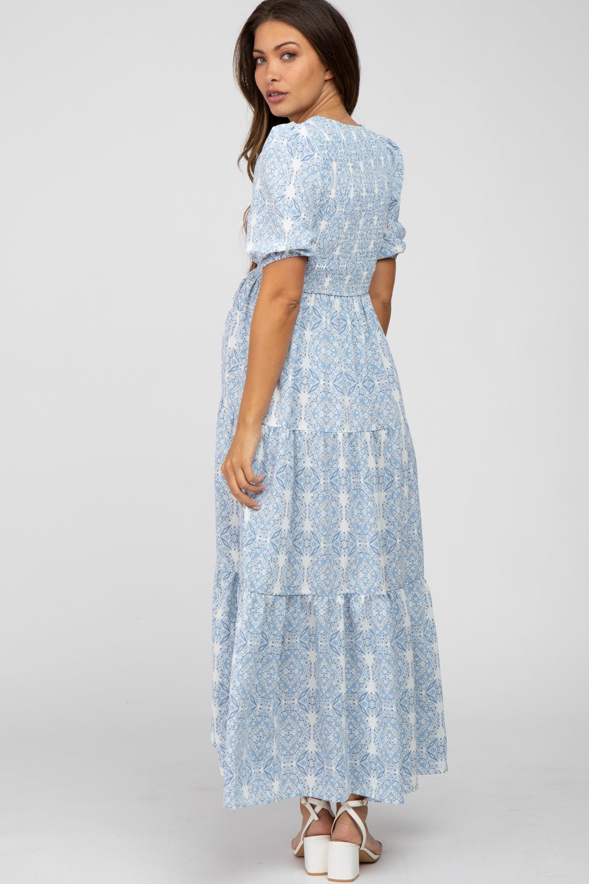 Blue Paisley Print Smocked Tiered Maternity Maxi Dress from PinkBlush