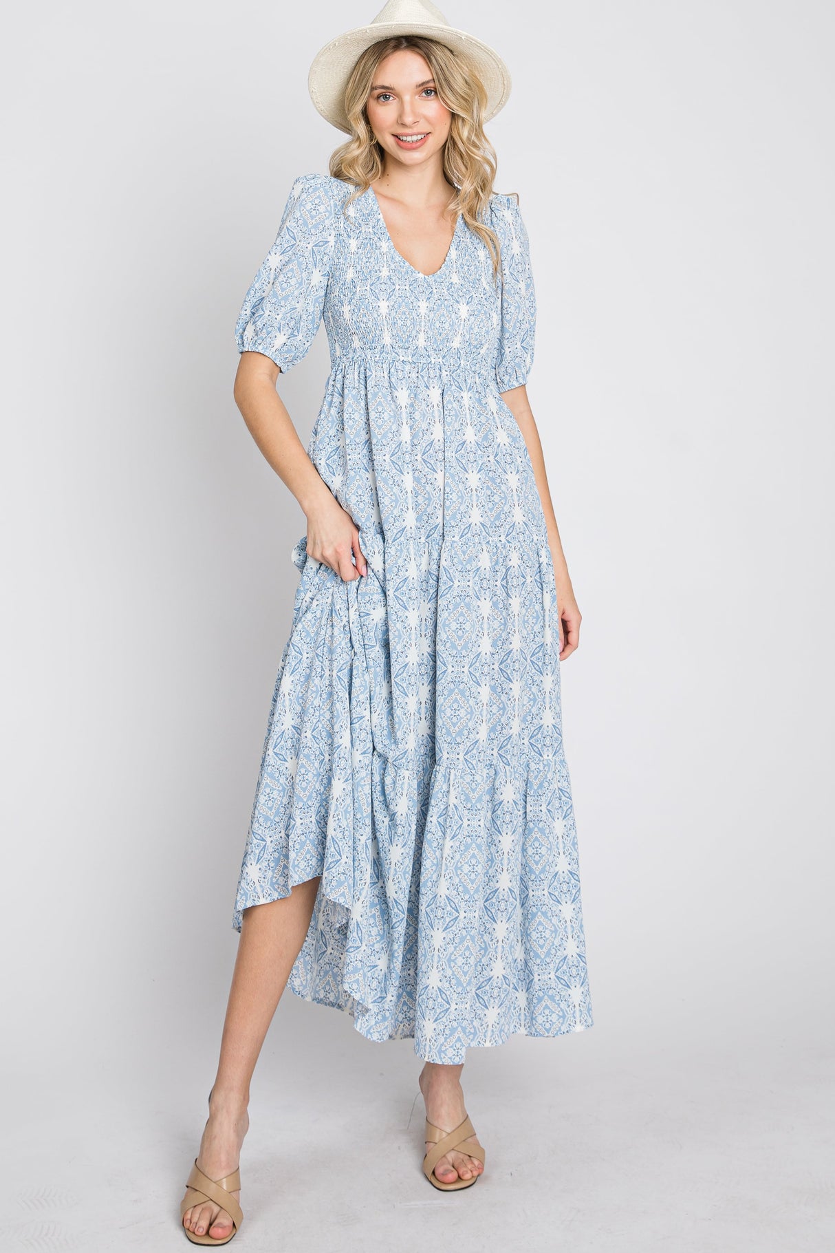 Blue Paisley Print Smocked Tiered Maternity Maxi Dress from PinkBlush