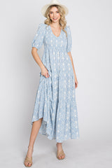 Blue Paisley Print Smocked Tiered Maternity Maxi Dress from PinkBlush
