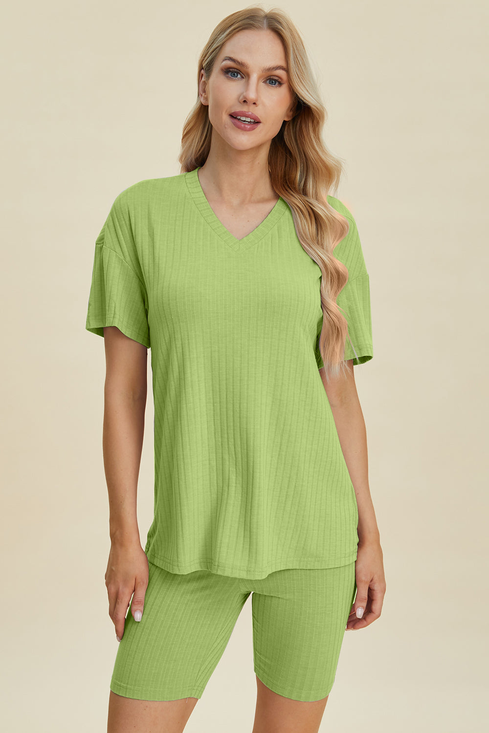 Basic Bae Full Size Ribbed V-Neck Short Sleeve Top and Shorts Set from Enfance-Heureuse