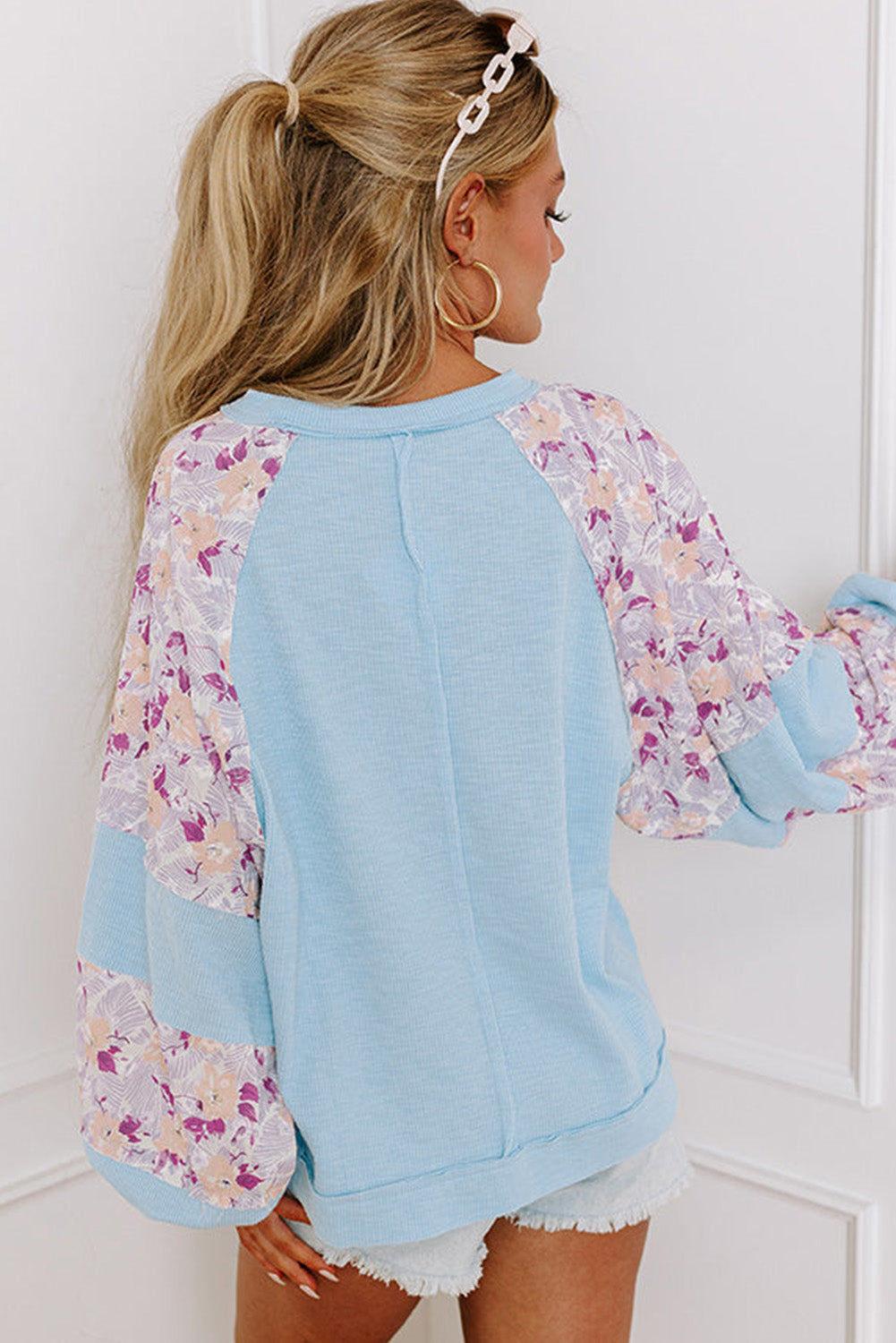 Beau Blue Textured Floral Patchwork Balloon Sleeve Blouse from MsDressly