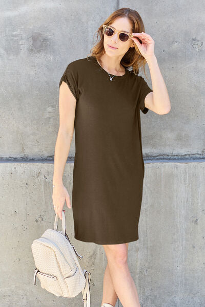 Basic Bae Full Size Round Neck Short Sleeve Dress with Pockets from Enfance-Heureuse