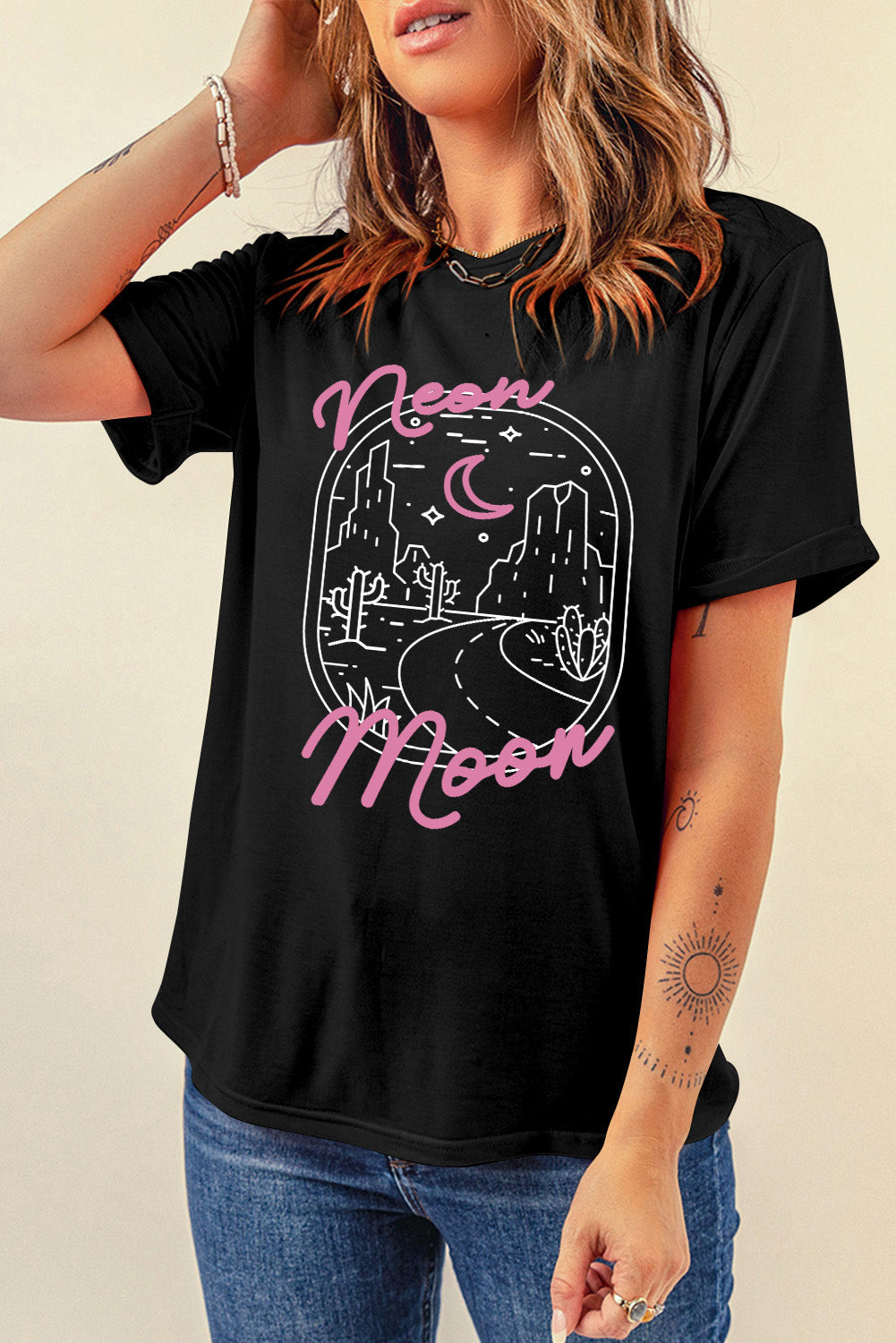Black neon moon Letter Graphic Short Sleeve Top from MsDressly