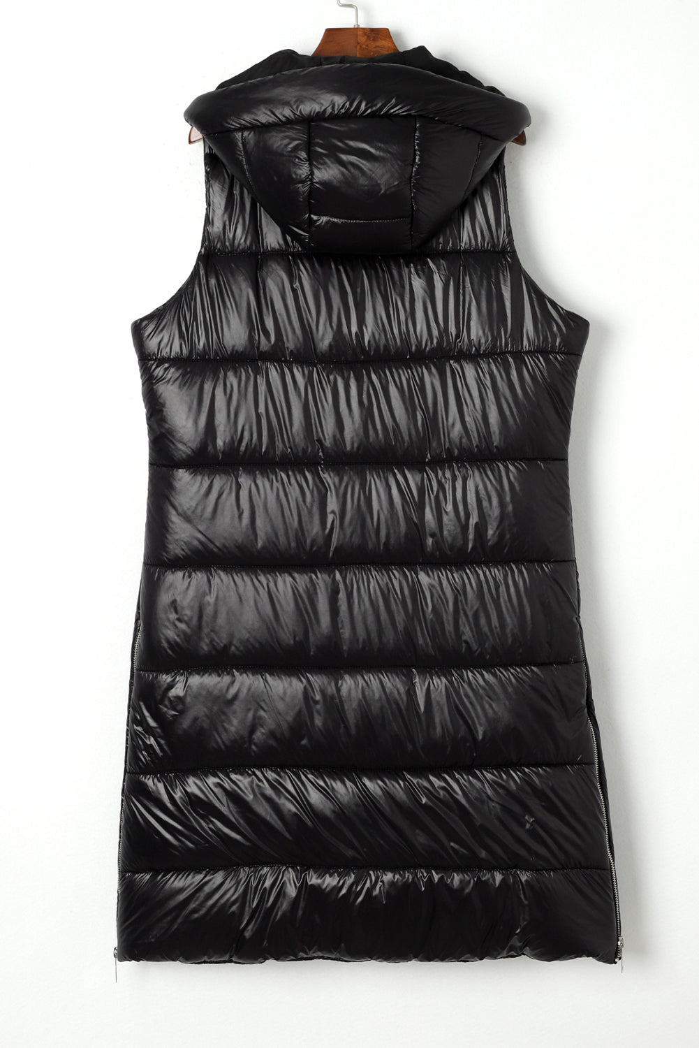 Black Hooded Long Quilted Vest Coat From MsDressly
