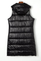 Black Hooded Long Quilted Vest Coat From MsDressly