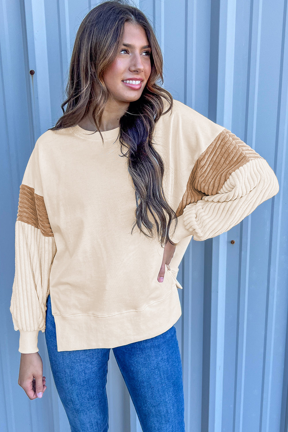 Apricot Corduroy Patchwork Drop Shoulder Long Sleeve Sweatshirt from MsDressly