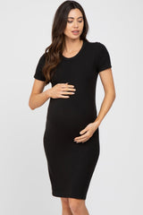 Black Ribbed Fitted Maternity Dress from PinkBlush