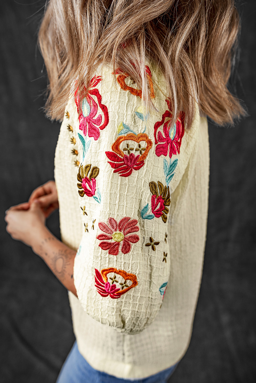 Beige Floral Embroidered Ricrac Puff Sleeve Textured Blouse from MsDressly