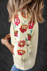 Beige Floral Embroidered Ricrac Puff Sleeve Textured Blouse from MsDressly