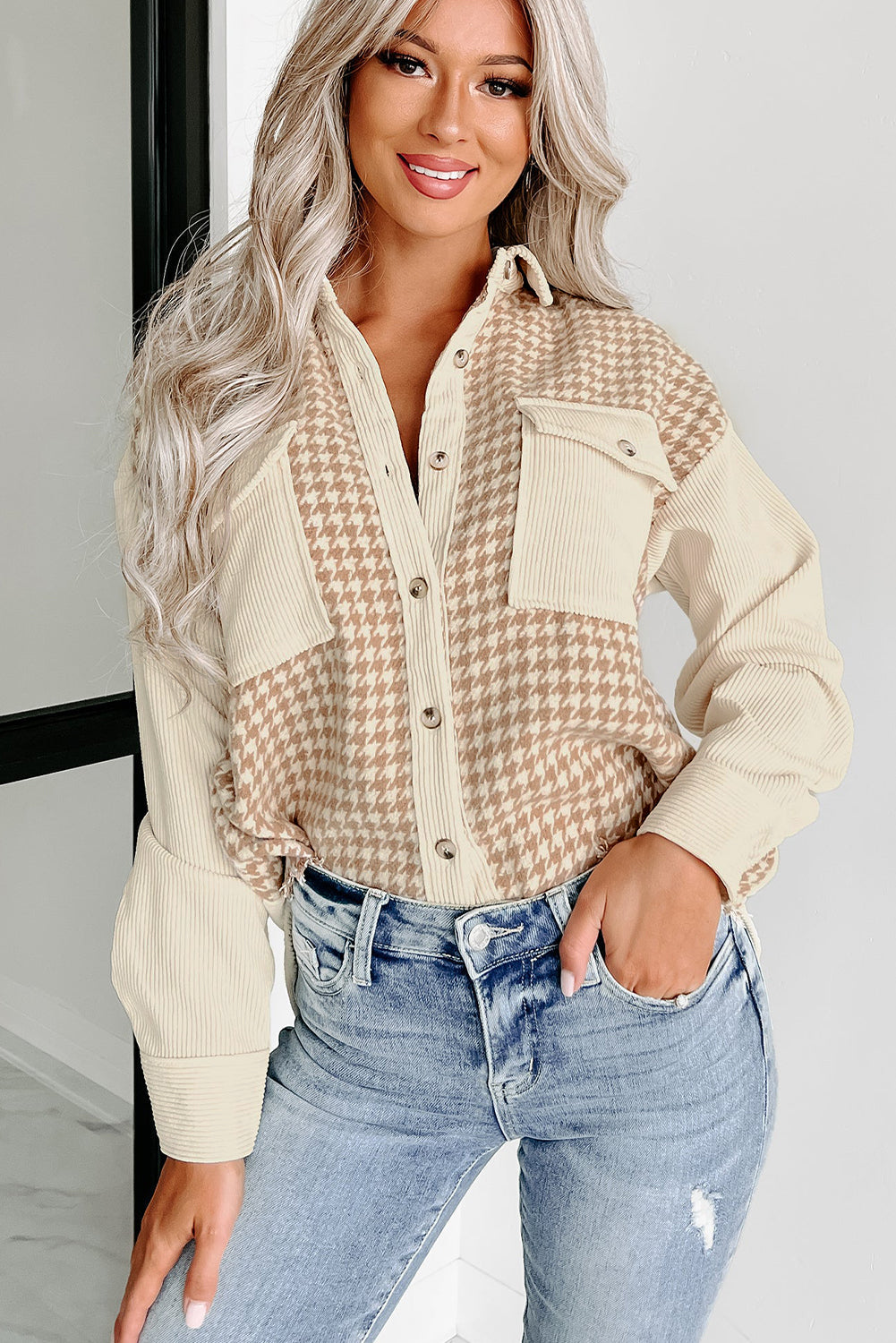 Beige Corduroy Shirt Jacket with Houndstooth Panel from MsDressly