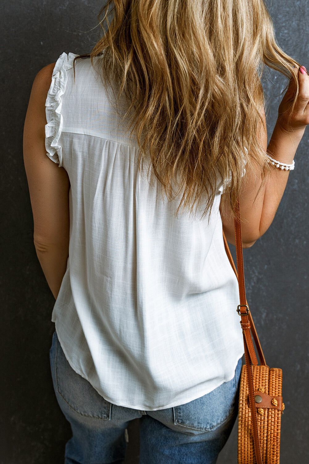 Savan Button Split Neck Ruffled Trim Tank Top From Threaded Pear