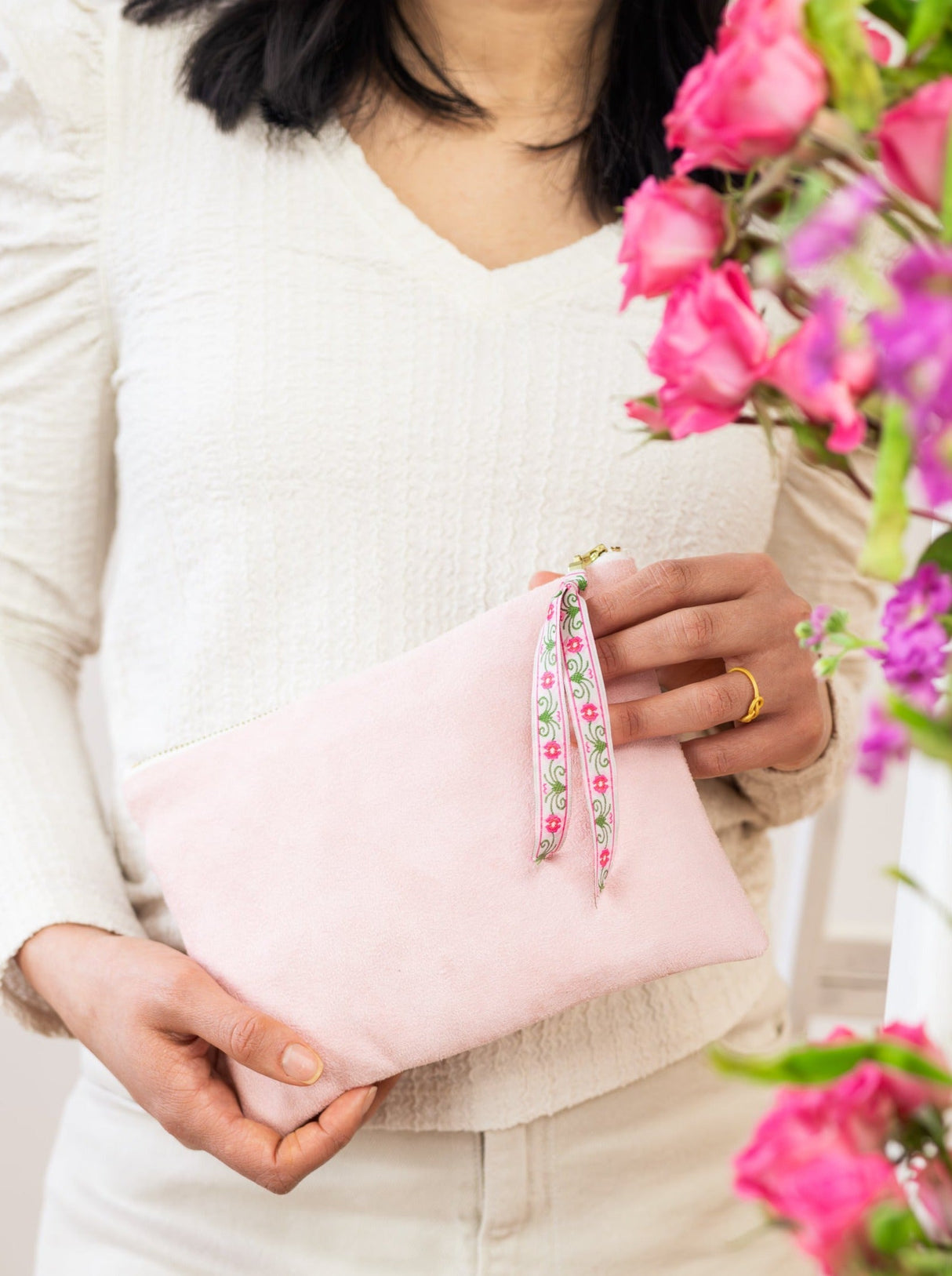 Pink Fleur Vegan Suede Clutch Purse from Ash & Rose