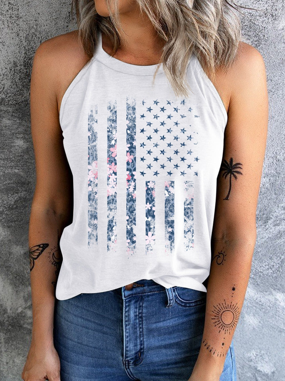 American Flag Floral Print Halter Tank Top From MsDressly