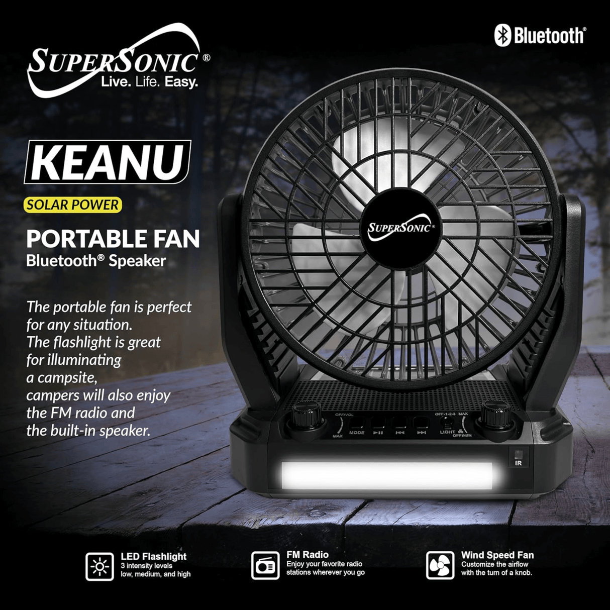 Supersonic Solar-Powered BT Speaker with FM Radio, LED Flashlight & Fan from Jupiter Gear Home