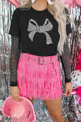 Black Rhinestone Bowknot Graphic Crewneck T Shirt from MsDressly
